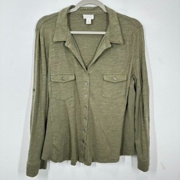 Nordstrom Caslon Classic Women's Collared Button Up Fitted Longsleeve Green NWT - Picture 1 of 5